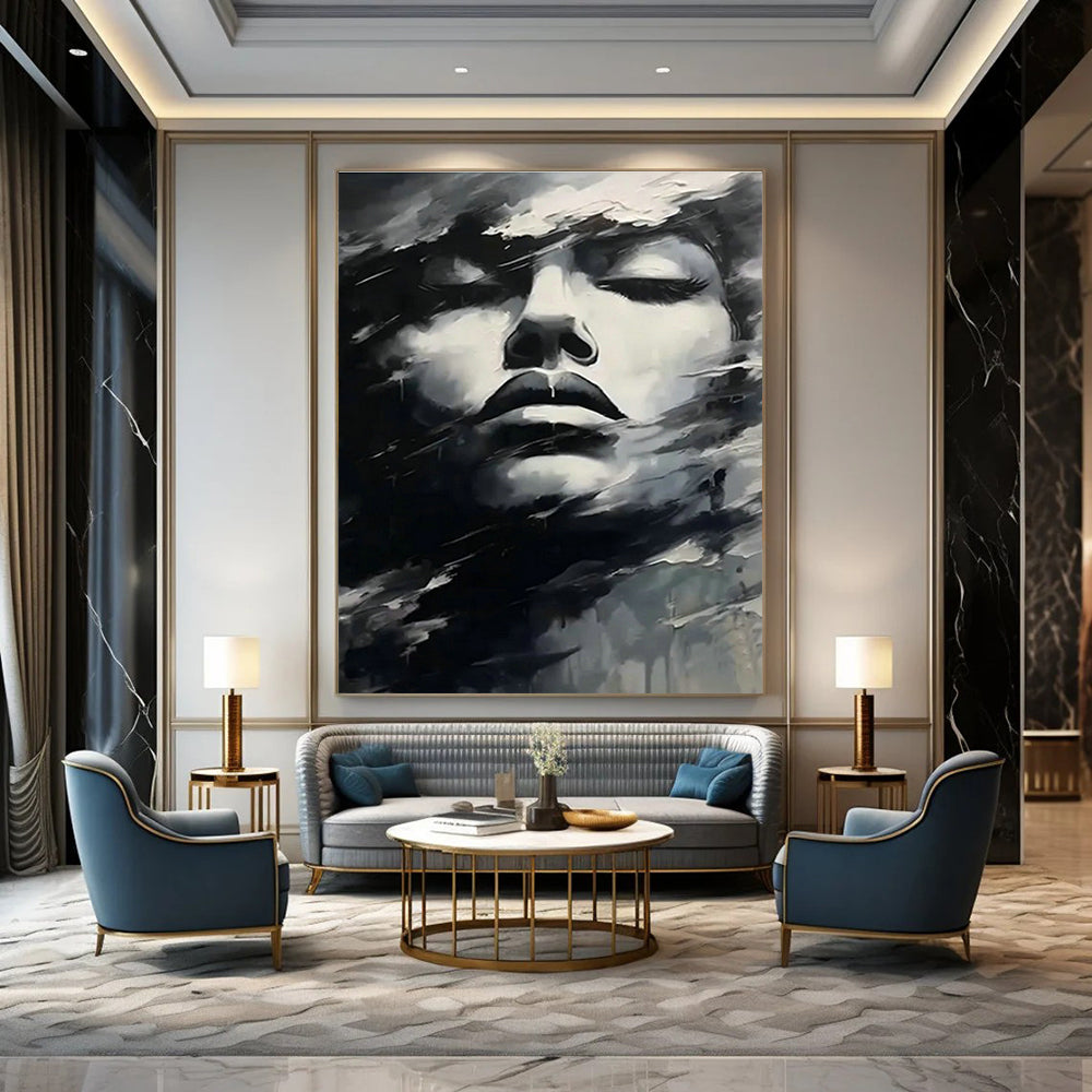 Black and White Abstract Face Art for Modern Art Gallery & Edgy Home Office DLZ1543