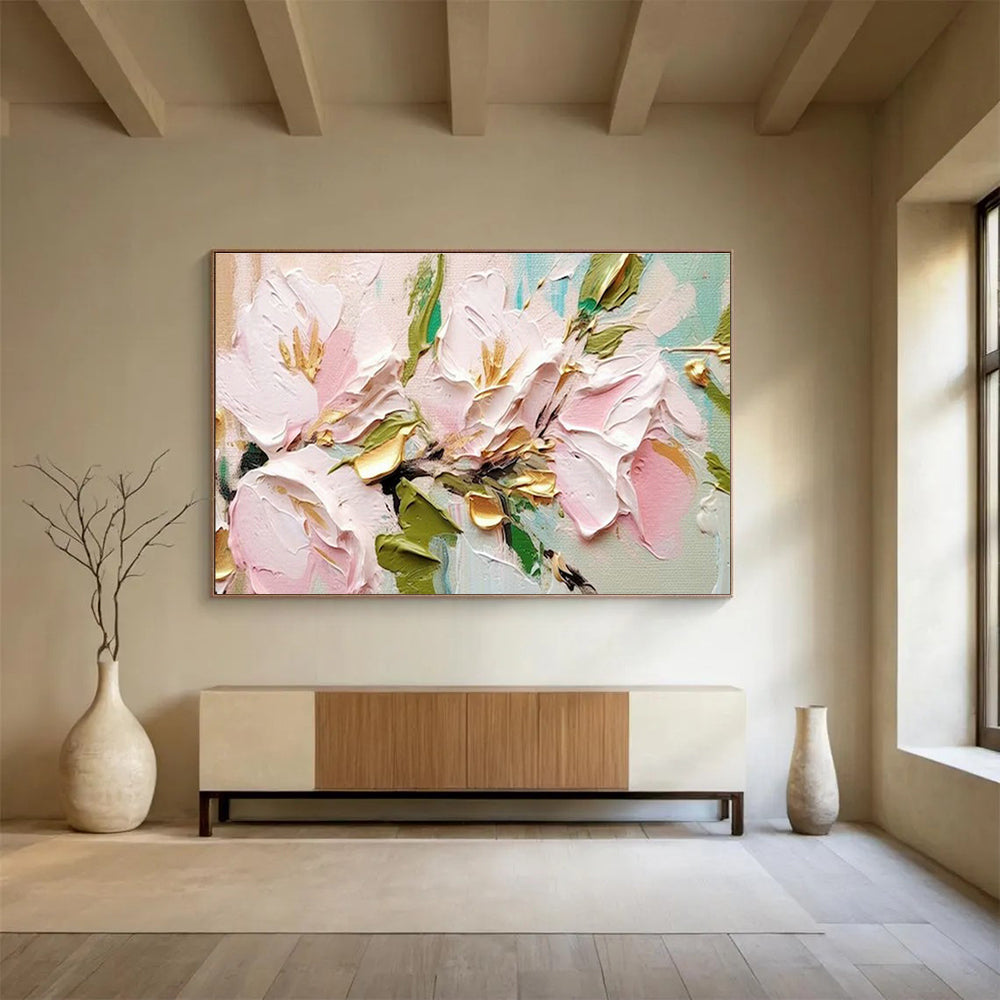 Pink and Gold Floral Oil Painting for Chic Dining Room Accents DLZ2637