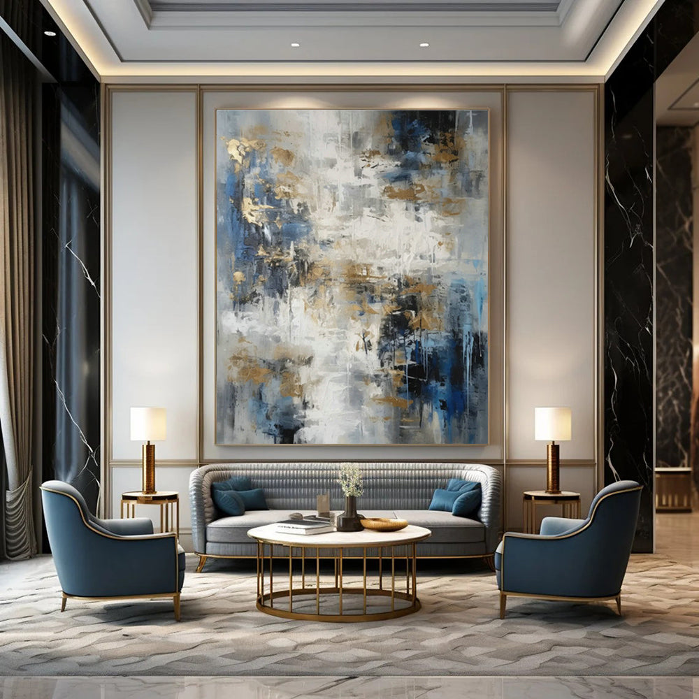 Blue - Gray - Gold Abstract Art for Modern Hotel Lobby & Luxury Home Office DLZ0853