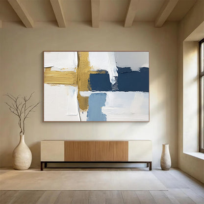 Blue - Gold Abstract Collage Art for Nautical - Themed Home Office & Upscale Seaside Bar SC267