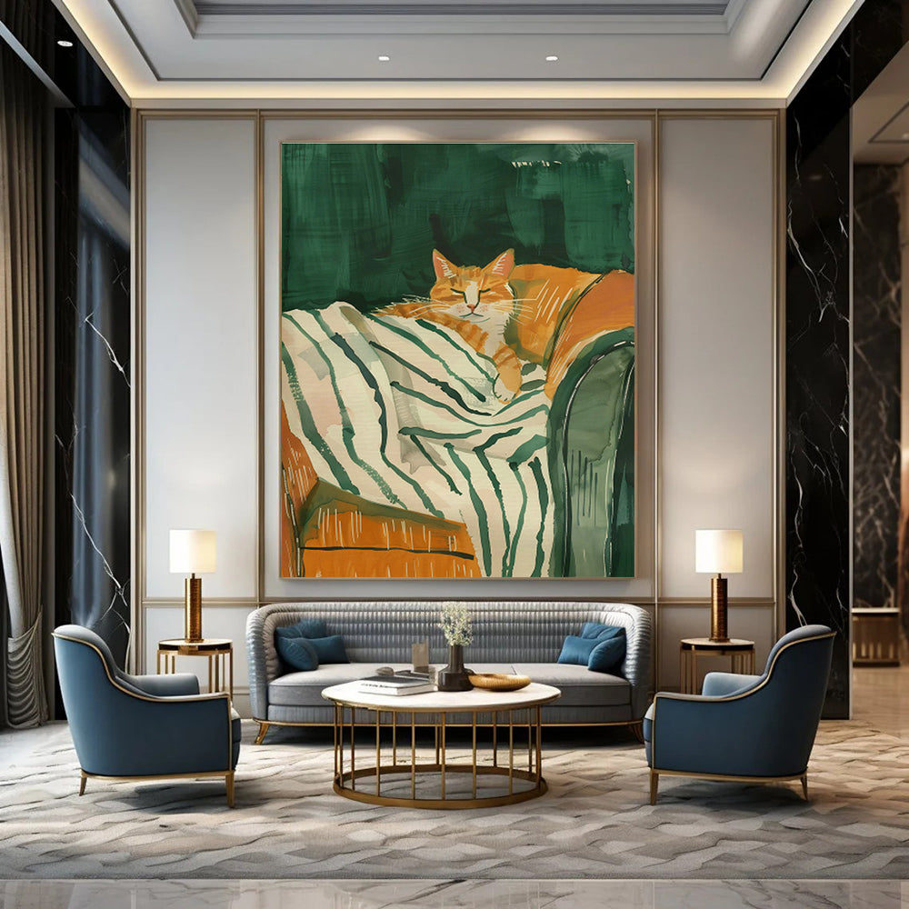 Orange Cat on Striped Blanket Art for Pet - Lover’s Bedroom & Cat Café DLZ0702