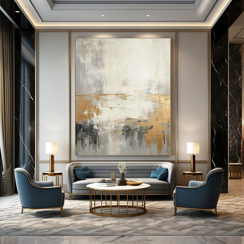 Gold - Gray - White Abstract Art for Luxury Hotel Suite & Modern Home Dining Room DLZ1742