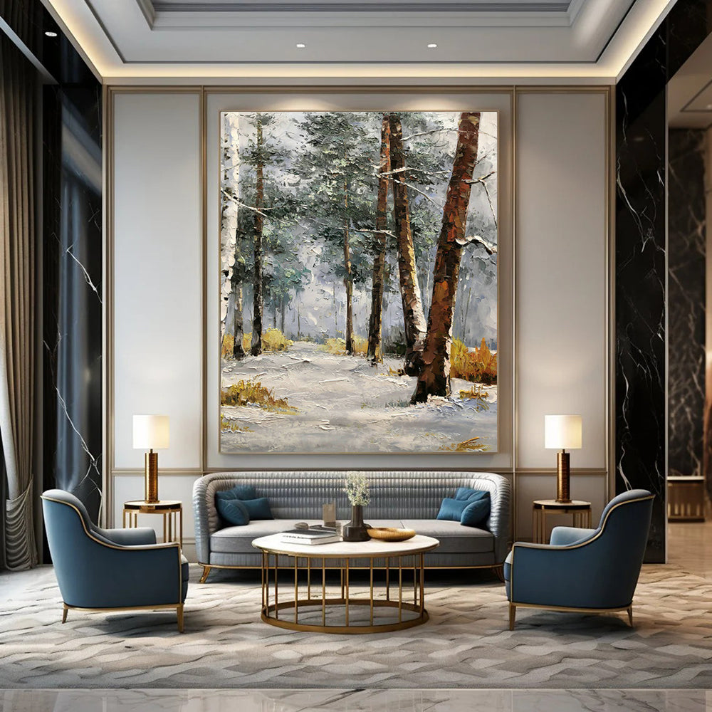 Snowy Forest Oil Painting for Chalet Bedroom & Winter Lodge Lounge DLZ1281