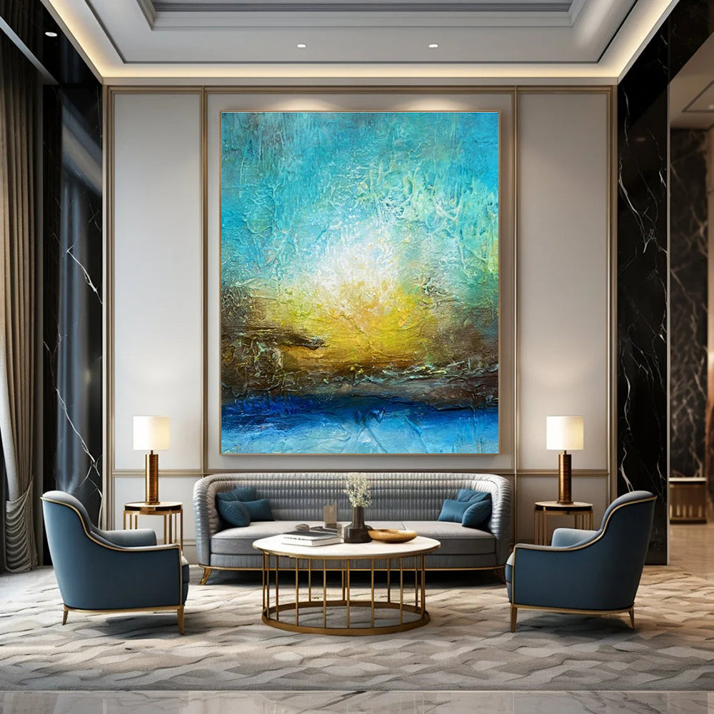 Blue - Yellow Abstract Art for Lakeside Cabin Bedroom Walls DLZ0046