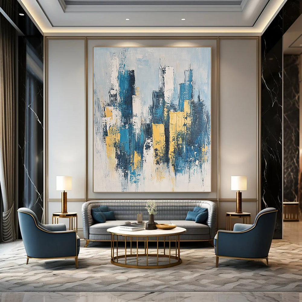 Blue and Gold Cityscape Art for Luxury Home Living Area & Art - Themed Corporate Lounge STSC1358