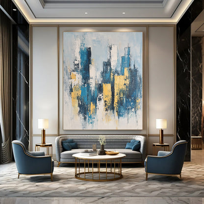 Blue and Gold Cityscape Art for Luxury Home Living Area & Art - Themed Corporate Lounge STSC1358