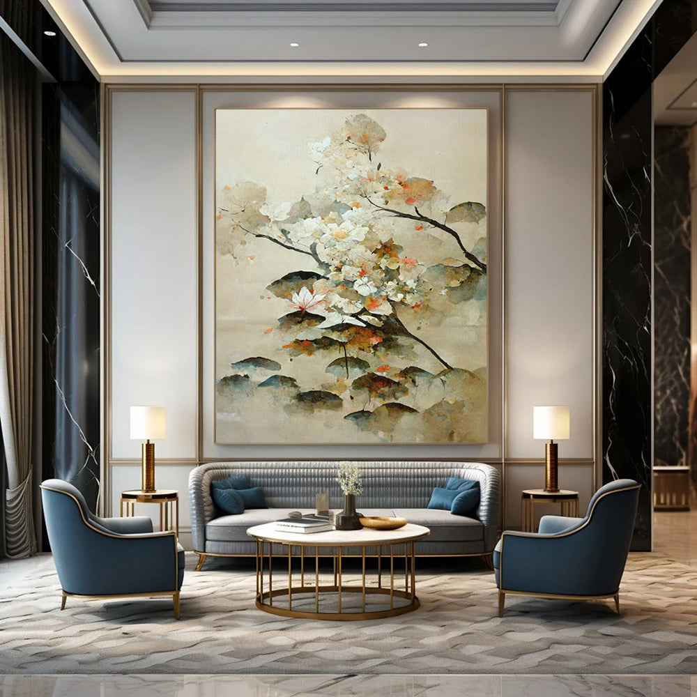 Watercolor Floral Abstract Art for Asian - Inspired Home Tea Room & Botanical Art Gallery DLZ1618