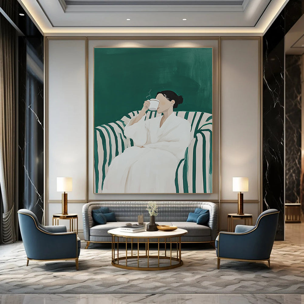 Woman in White Robe Drinking for Cozy Reading Nook & Modern Wellness Space STSC1122