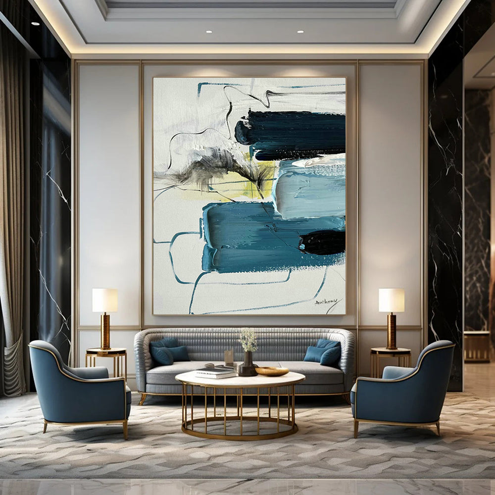 Blue - Gray Line Abstract Art for Urban - style Library & Modern Apartment Living Room DLZ0789