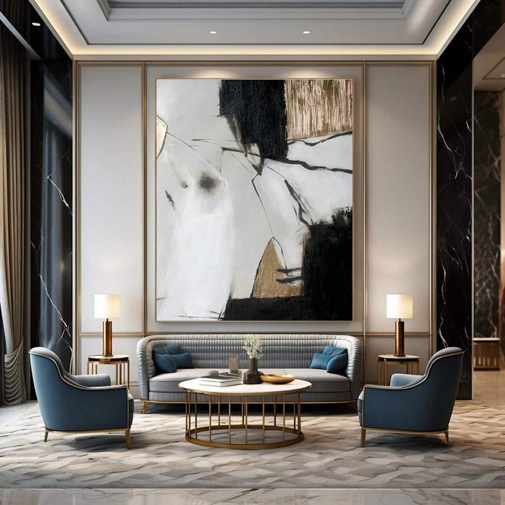 Black, White, and Gold Abstract Art for Luxury Hotel Lobby & High - End Jewelry Store DLZ1012