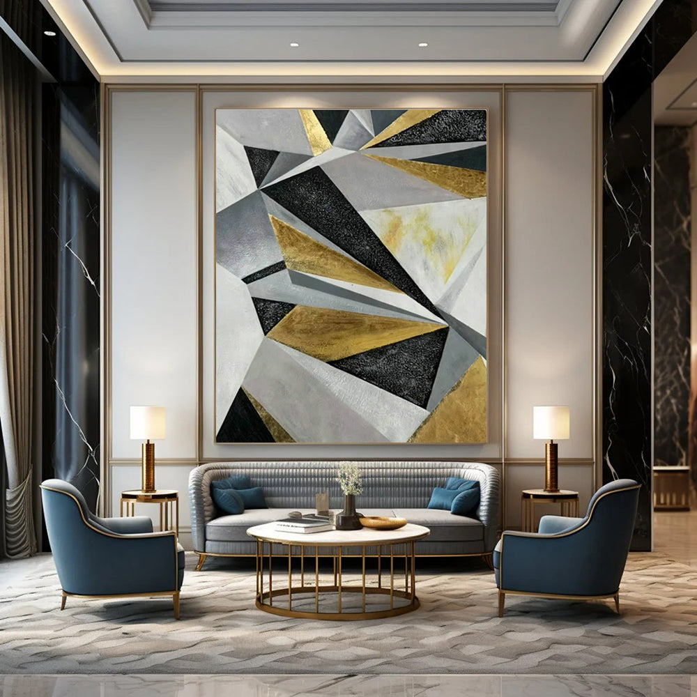 Geometric Gold - Grey Abstract Art for Living Room & Bedroom DLZ0509