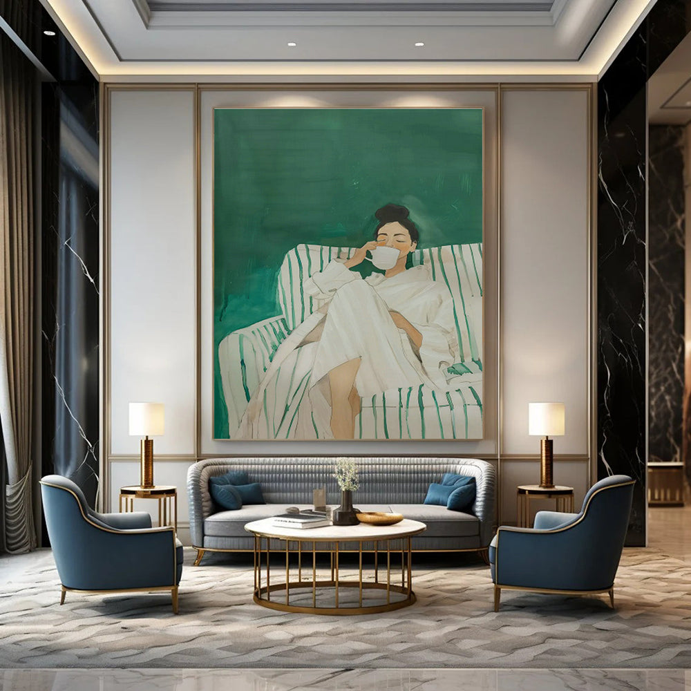 Woman in White Robe on Green Sofa Art for Spa Retreat & Cozy Bedroom DLZ0690
