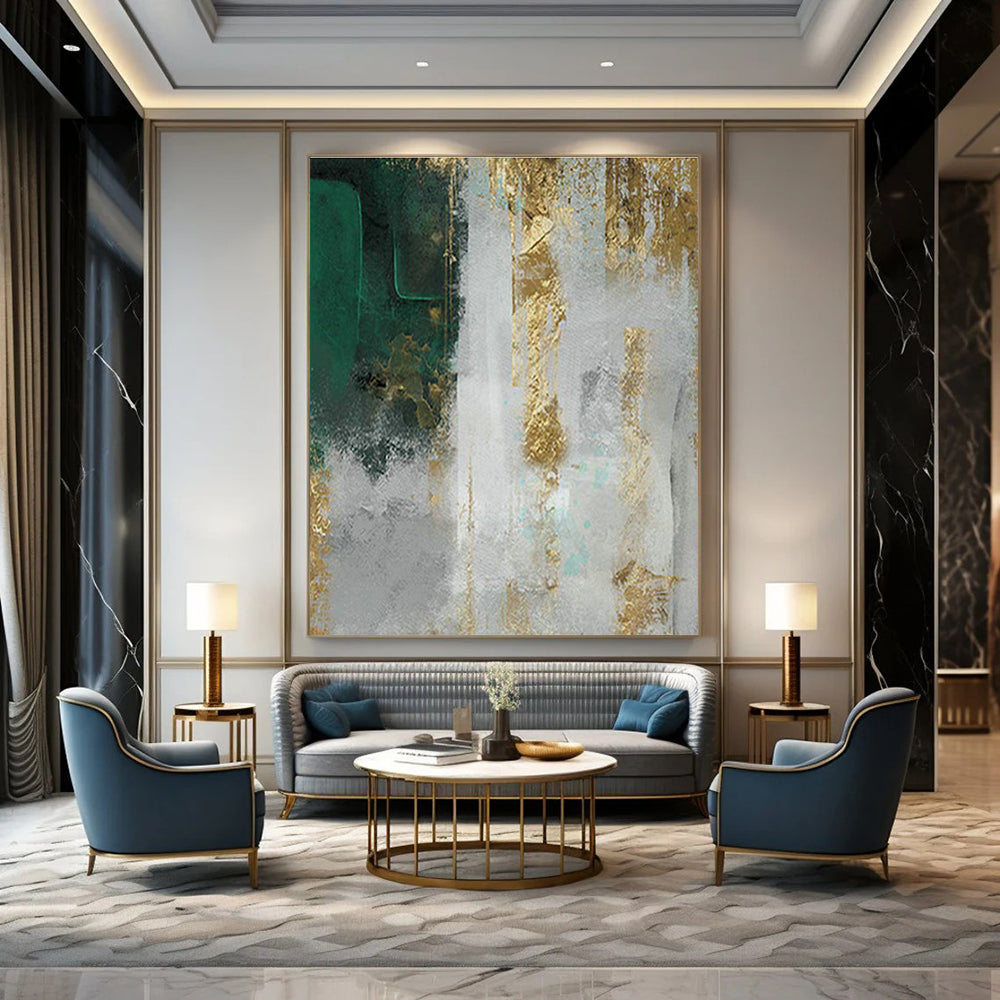 Green and Gold Abstract Art for Opulent Hotel Suite & Nature - Loving Art Collector’s Home DLZ2218