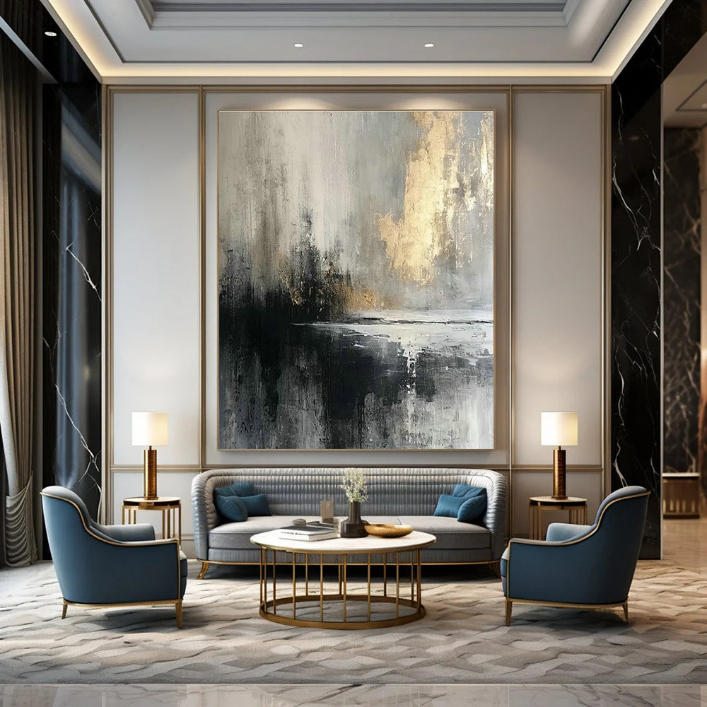 Gray - Gold Ink - Style Landscape Abstract Art for Urban Art Studio & Cultural Heritage Center DLZ1915