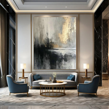 Gray - Gold Ink - Style Landscape Abstract Art for Urban Art Studio & Cultural Heritage Center DLZ1915