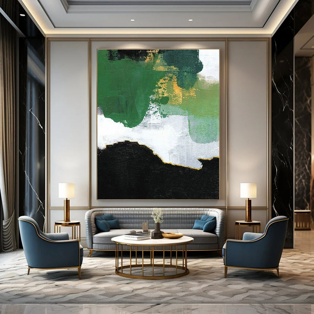 Green - Gold - White Block Abstract Art for Modern Living Room & Art - Centric Café DLZ1229