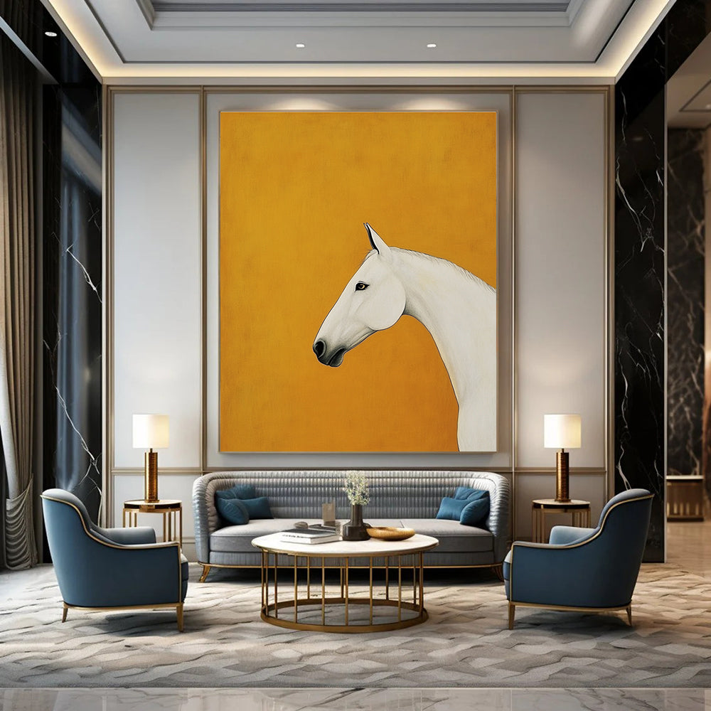 White Horse on Orange Background Art for Equestrian - Themed Home & Luxury Hotel Lobby STSC1348