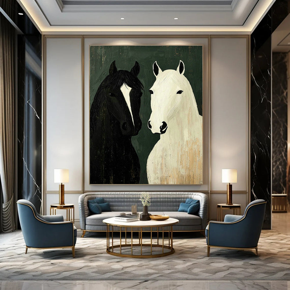 Black and White Horses Art for Rustic Farmhouse Living Room & Equestrian Club Lounge DLZ1010