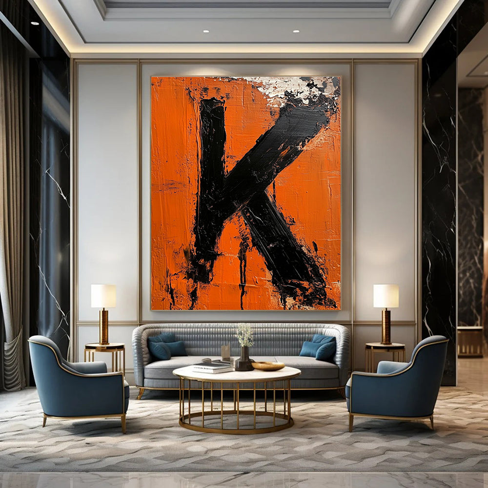 Orange and Black “K” Painting Art for Industrial - Style Bar & Personalized Home Office STSC1326