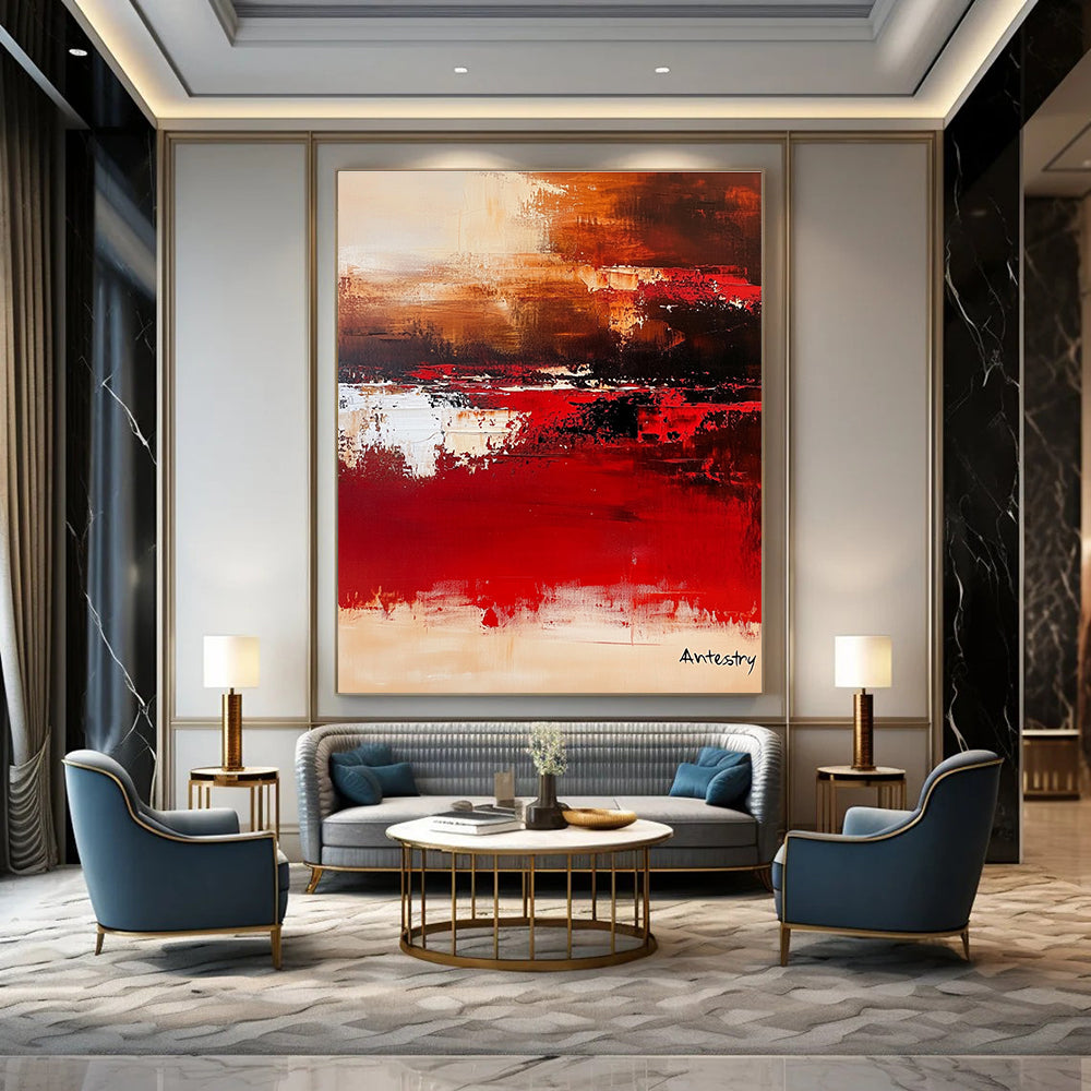 Red and Brown Abstract Landscape for Rustic - Modern Home & Cozy Wine Lounge STSC458