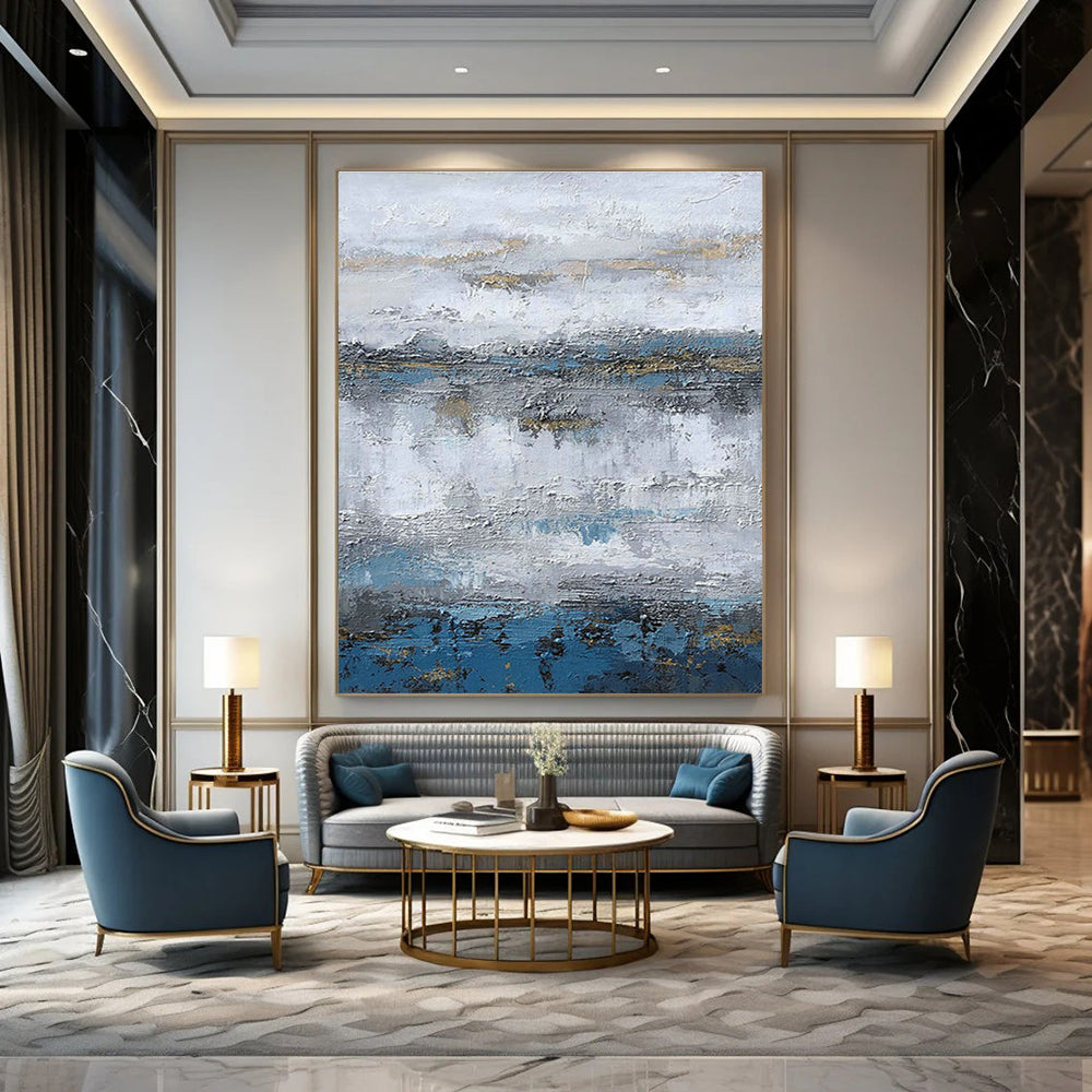 Gray - Blue - Gold Layered Abstract Art for Living Room & Boutique Hotel Lobby DLZ1233