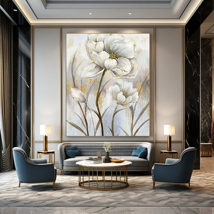 White Flower with Gold Art for Elegant Home Dining Room & Wedding Venue Decor DLZ1536