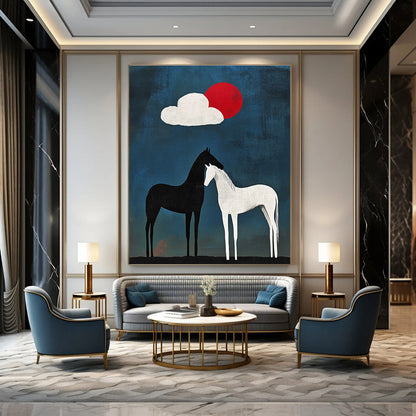 Black and White Horses Under Sun and Cloud for Bohemian - Style Café & Nature - Inspired Art Studio STSC916