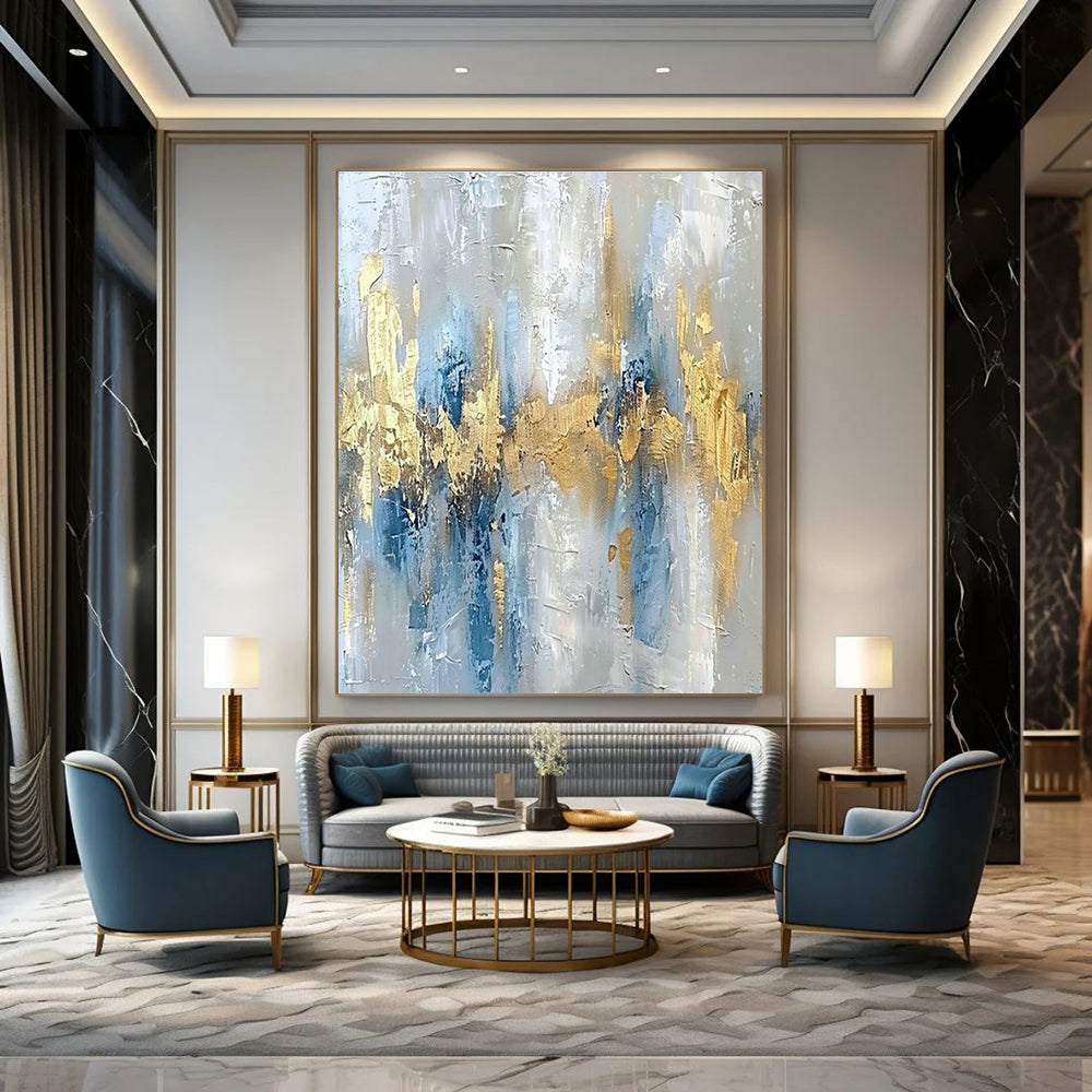 Gray - White - Blue - Gold Abstract Art for Mountain Chalet & Contemporary Hotel Suite DLZ1908