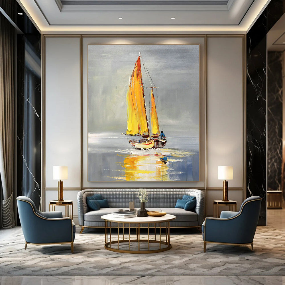 Yellow - Sailed Boat Oil Painting for Lakeside Café & Bright Coastal Kitchen DLZ0855