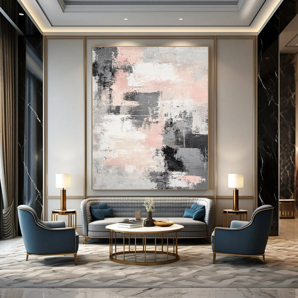 Pink - Gray Abstract Brushstrokes Art for Boutique Hotel Room & Feminine - Themed Lounge STSC133