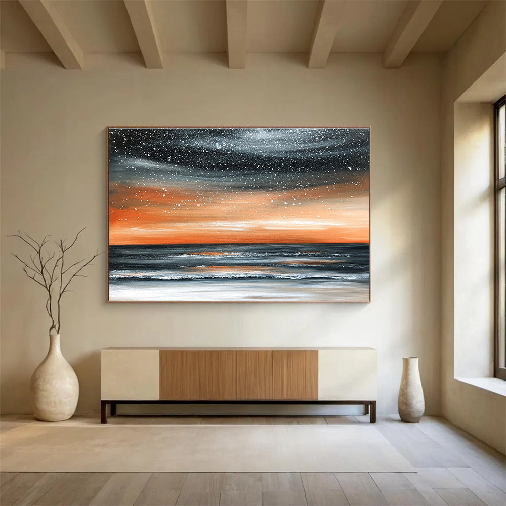Starry Sea Sunset Art for Coastal Hotel Rooftop Bar & Celestial - Themed Home Theater SC130