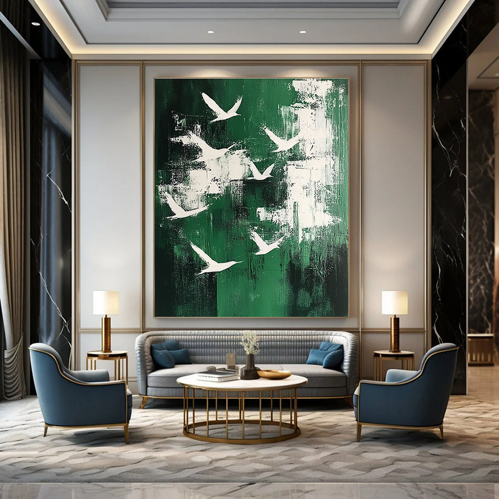 White Birds on Green with Patches for Bohemian - Style Home Office & Cozy Garden - View Nook STSC363