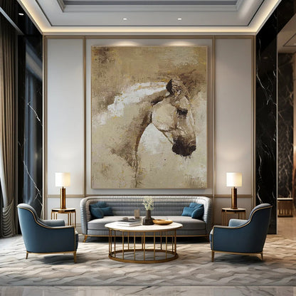 Brown and White Horse Head Oil Painting for Equestrian Club & Rustic Living Room DLZ1971