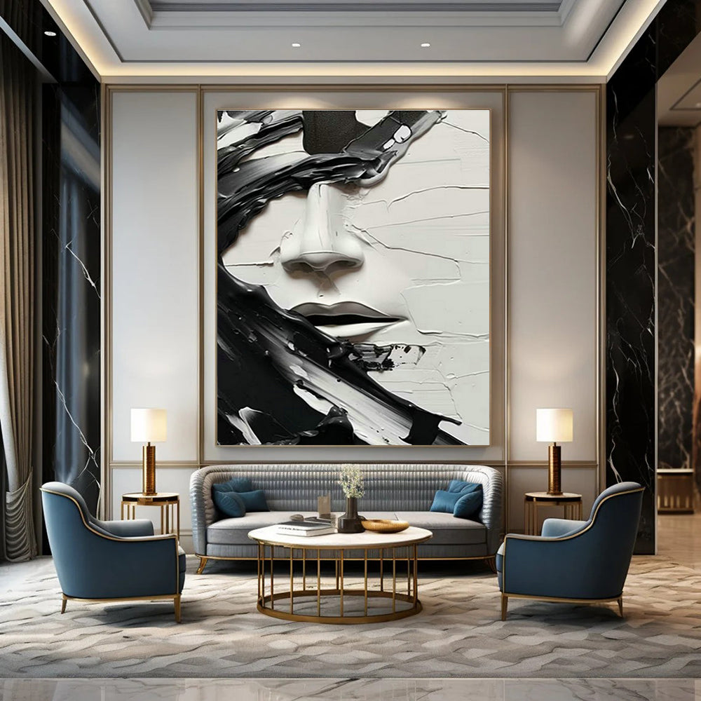 Textured Black and White Face Art for Contemporary Art Museum & Industrial - Chic Loft Apartment DLZ1548