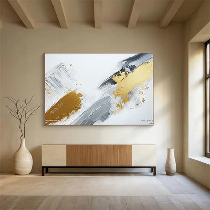 Gold, Gray and White Strokes Art for Chic Home Office & High - End Café Lounge SC293