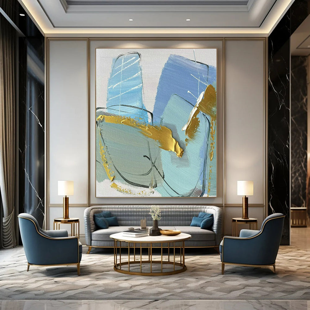 Blue - Gold Abstract Art for Beachfront Villa Living Room & High - End Boutique DLZ1678