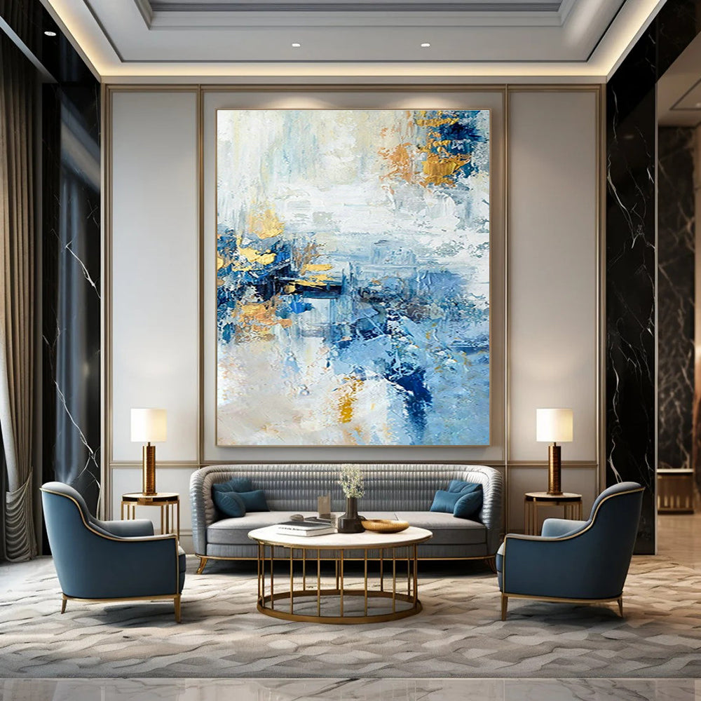 Blue - Gold Abstract Art for Modern Penthouse & Art Gallery Event Space DLZ1488