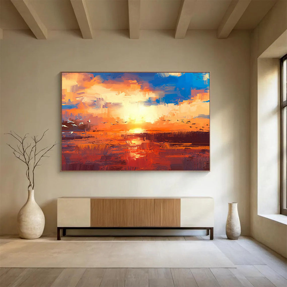 Orange - Blue Sunset with Birds Art for Serene Garden Room DLZ2771