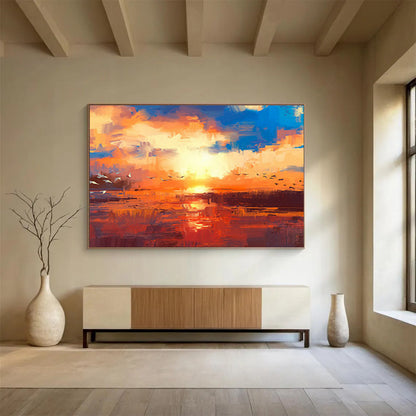 Orange - Blue Sunset with Birds Art for Serene Garden Room DLZ2771