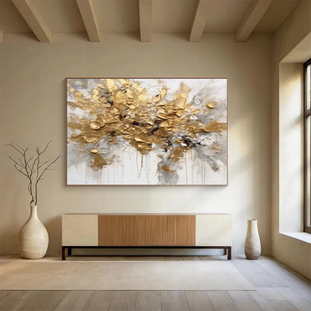 Dramatic Gold Abstract Floral Art for Bold Contemporary Lounge DLZ3062