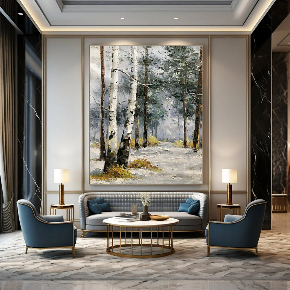 Snowy Birch Forest Oil Painting for Chalet Bedroom & Winter Retreat Lounge DLZ1290