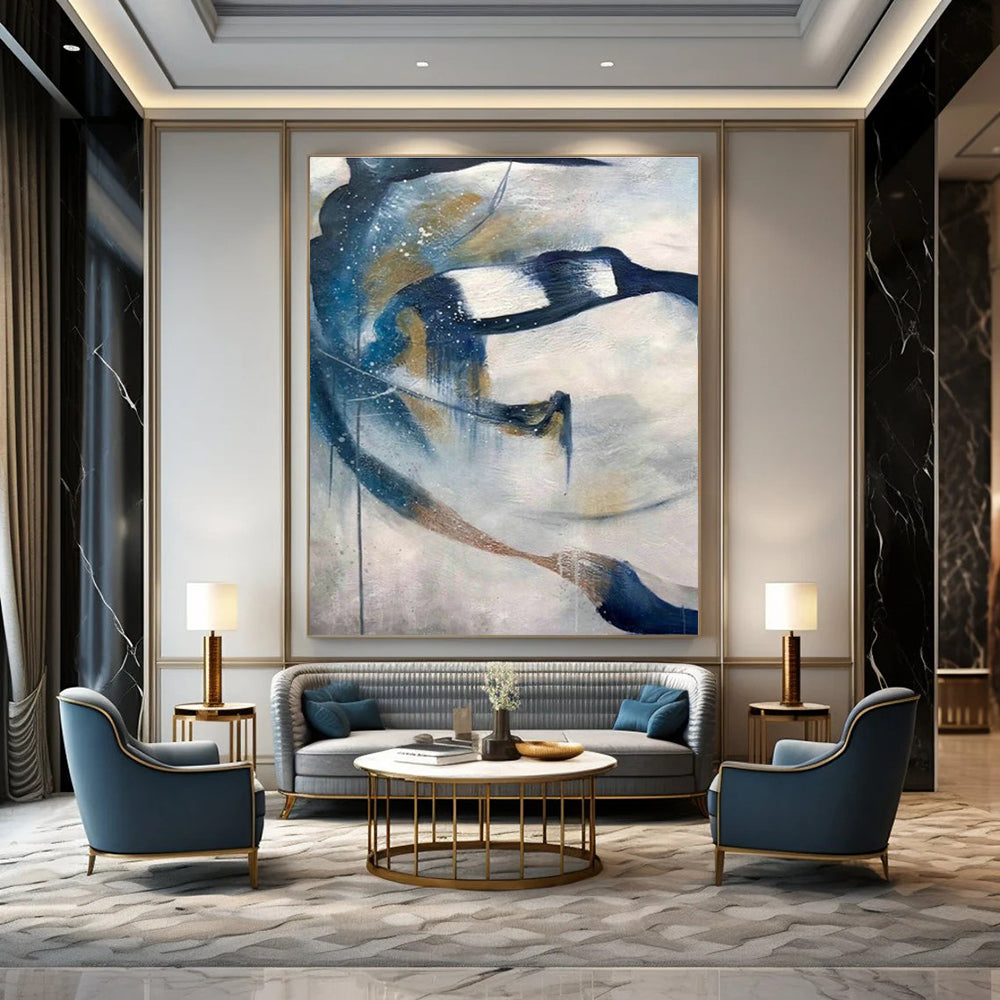 Blue - Gold Splash Abstract Art for Living Room & Office DLZ0490