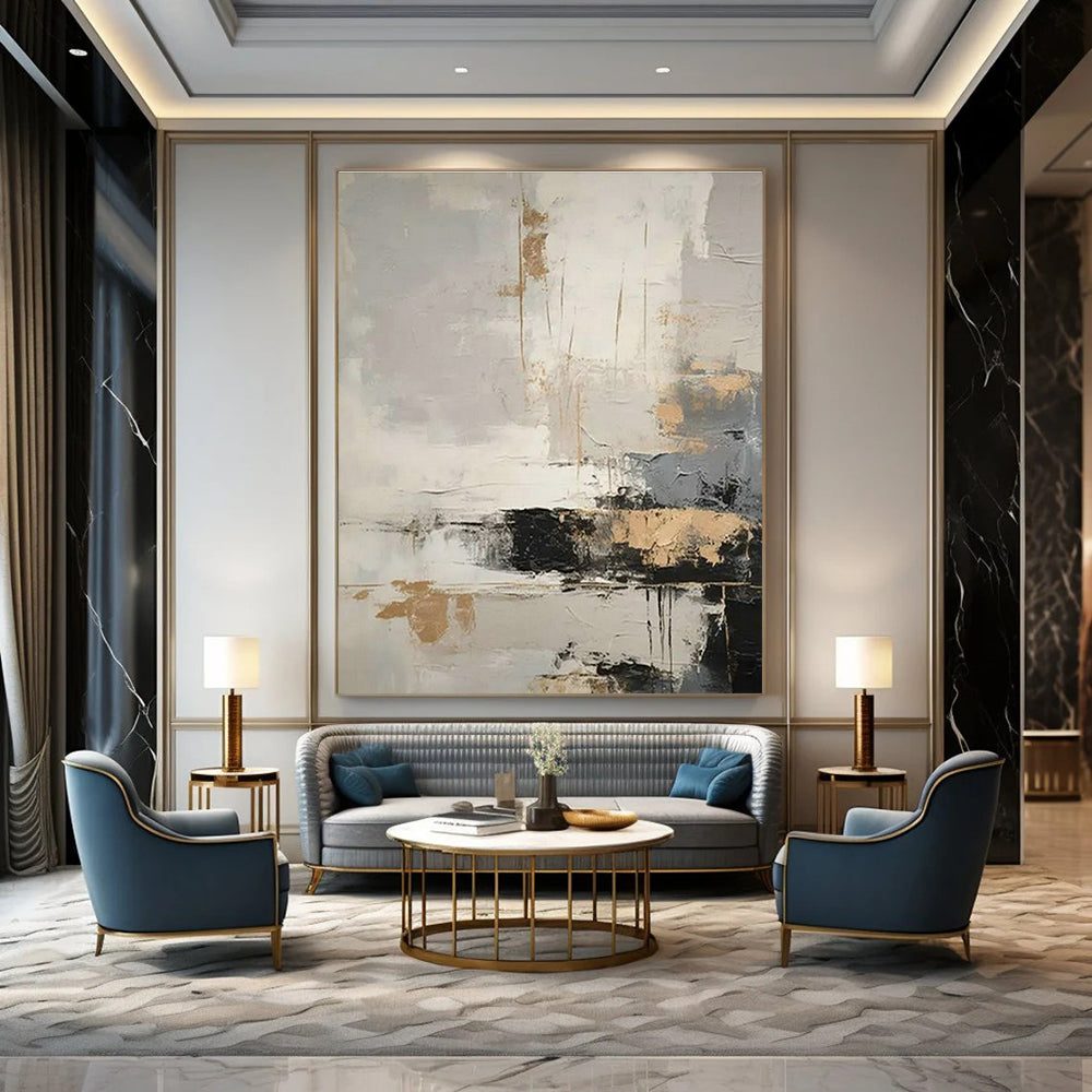 Gray - Gold Abstract Art for Modern Living Room & Luxury Hotel Lobby DLZ1750