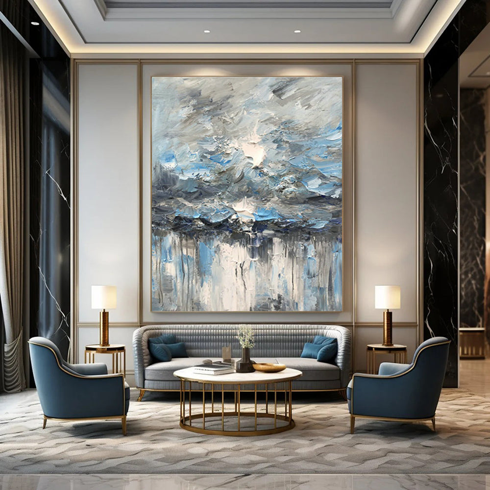 Blue - Gray Abstract Painting for Lake House Living Room & Waterfront Wellness Center DLZ1298