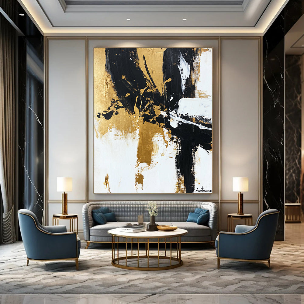 Black, Gold, and White Abstract Art for Luxury Home Dining Room & High - End Art Gallery STSC1066