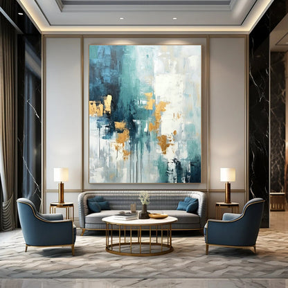 Blue - Gold Abstract Art for Coastal Luxury Home & High - End Art Lounge DLZ1936