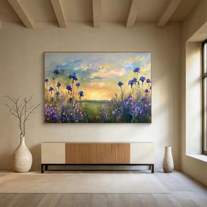 Blue - Purple Flower Field Oil Painting for Countryside Wedding Venue Backdrops DLZ3203