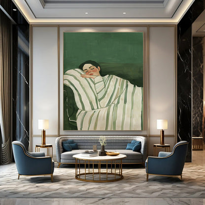 Sleeping Woman on Green Background Art for Feminine Bedroom & Self - Care Space DLZ0686
