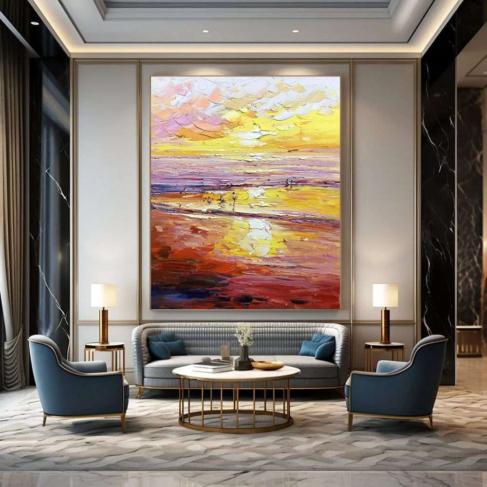Warm - Toned Beach Oil Painting for Coastal Home & Vacation Rental Lounge DLZ1313