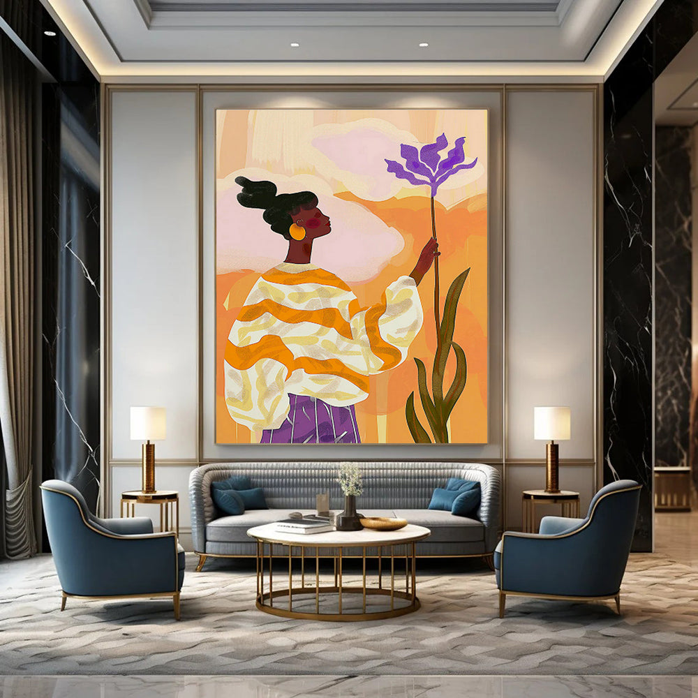 Woman with Purple Flower in Orange - Yellow Art for Bohemian Café & Creative Studio DLZ0695